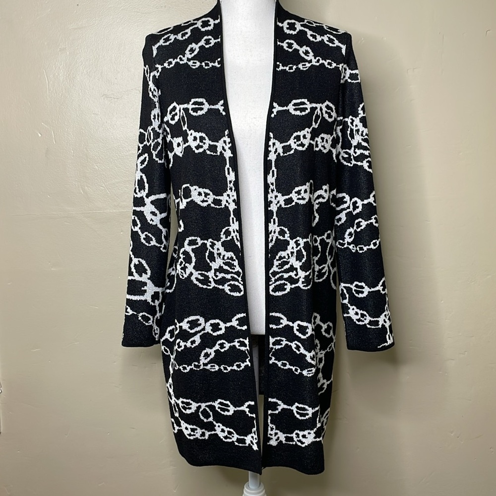 KASPER Duster Cardigan Sweater Black & White Silver Shimmer Open Front Small